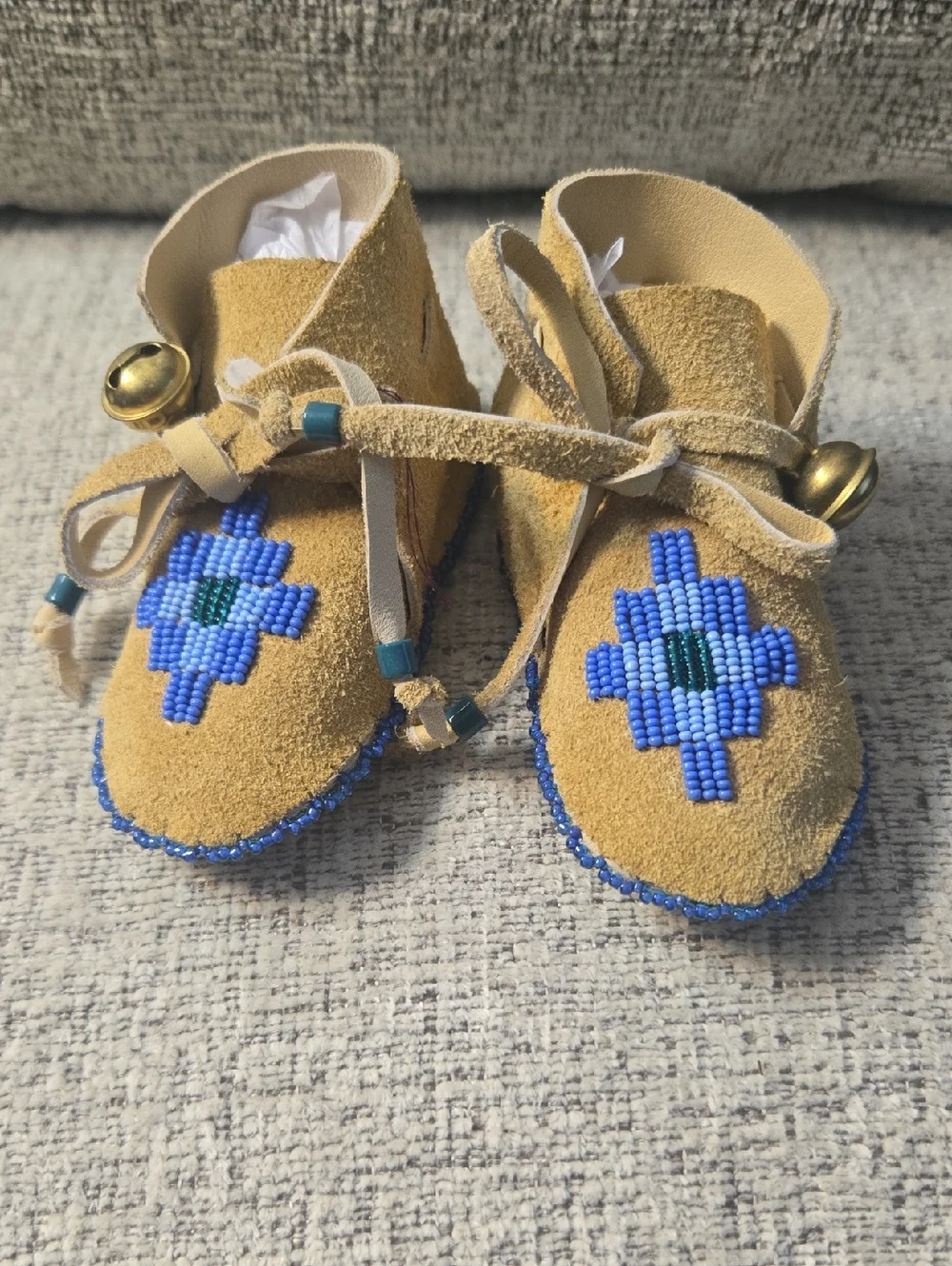 Baby Beaded Moccasins Artisan Handmade Tan with Blue Diamond Accent 4